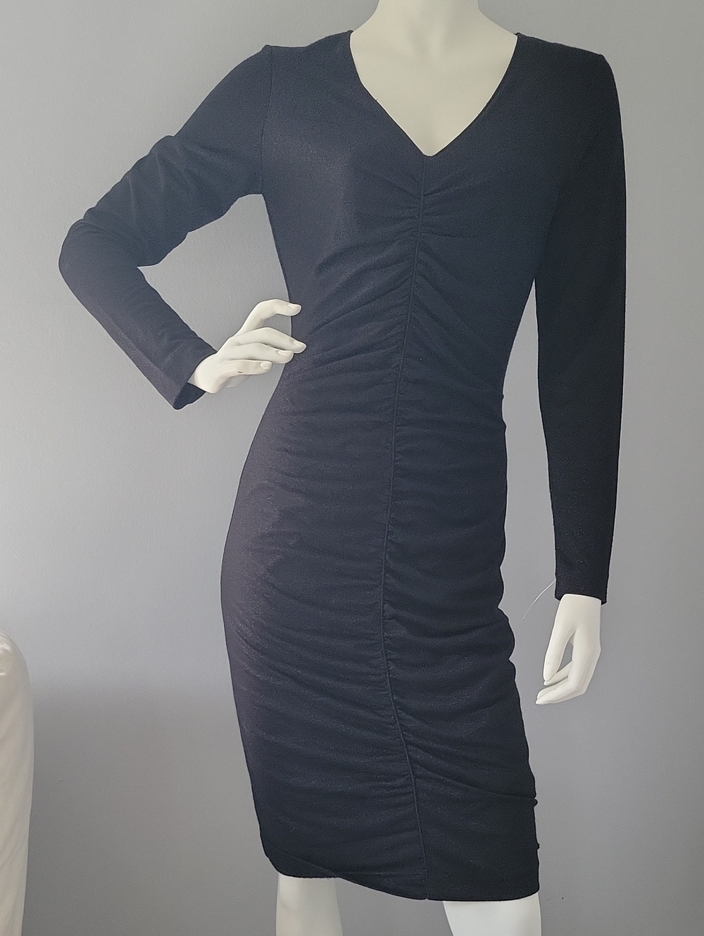 Escada Black Long‑Sleeve Ruched V‑Neck Dress